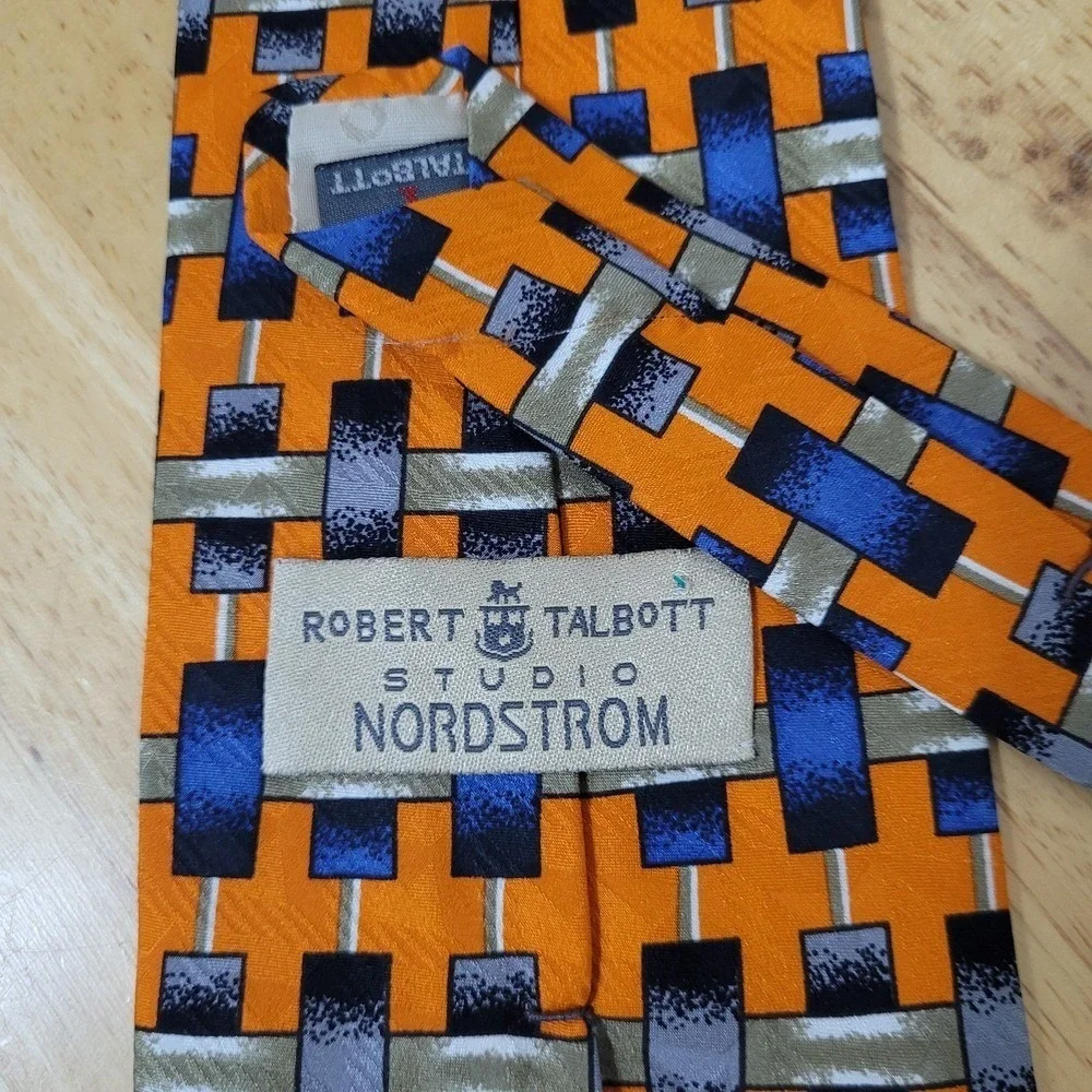 Robert Talbott Studio Men's Tie Orange/ Blue   Geometric Silk Printed‎ Necktie